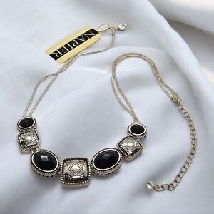Napier Silver Double Chain Black Stone Necklace NWT